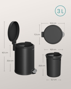Cos de gunoi cu pedala, Plushic, Songmics, Negru, 22.4x17.3x25.4 cm - Img 6