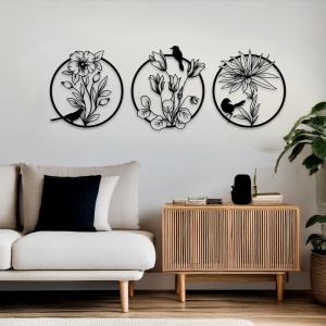 Set 3 bucati Decoratiune de perete din metal, Renka, Negru, 0.2x30x30 cm - Img 2