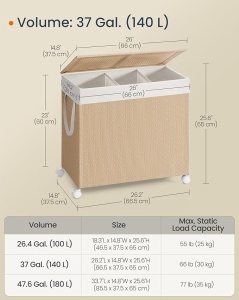 Καλάθι απλύτων Songmics, Φυσικό, LCB602N01, 66.5 x 37.5 x 65 cm - Img 2