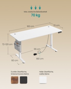 Birou reglabil pe inaltime, Balok, Songmics, Alb, 160x80x120 cm - Img 4