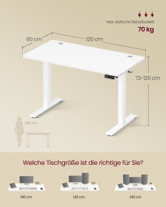 Birou reglabil pe inaltime, Balok, Vasagle, Alb, 120x60x120 cm - Img 6
