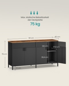 Comoda TV metalica, Bravon, Songmics, Negru, 141x40x76 cm - Img 3