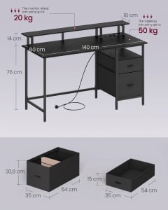 Γραφείο Vasagle Μαύρο, LED, 2 USB-A, 55 x 135 x 90 cm - Img 10