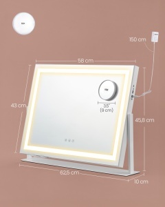 Καθρέφτης μπουντουάρ και μακιγιάζ V2 LED Songmics Λευκό 62.5x10x45.8 cm - Img 5