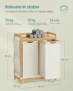 Καλάθι απλύτων Κρεμ Songmics 67.3x33x78 cm - Img 2
