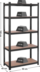 Ράφι Songmics, 5 Ράφια, 180 x 90 x 40 cm, Μαύρο, GLR040B01 - Img 2