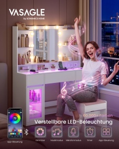 Τουαλέτα μακιγιάζ Kailyn με LED, πρίζες και γυάλινη επιφάνεια, Λευκή, 107x40x144.5 cm