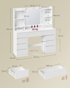 Τουαλέτα μακιγιάζ V1 Vasagle Λευκό 107x40x144 cm - Img 7