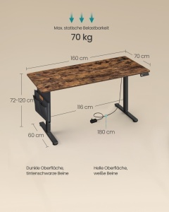 Birou reglabil pe inaltime, Balok, Songmics, Maro, 160x70x120 cm - Img 4