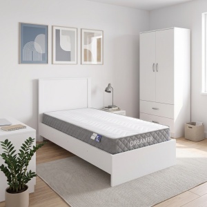 Set 3 piese Cadru de pat cu Saltea Dreamer 90x190cm si Dulap cu 2 usi Athos, Alb, 197.5x99x96 cm