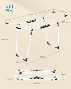 Suport uscator de rufe, Bunji, Songmics, Alb, 173x56.5x96.5 cm - Img 5