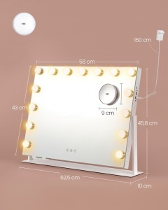 Καθρέφτης μπουντουάρ και μακιγιάζ V1 LED Songmics Λευκό 62.5x10x45.8 cm - Img 5