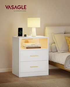 Κομοδίνο Custos με πρίζες, USB και LED, Λευκό, 30x40.1x50.2 cm