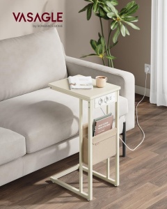 Πλαϊνό τραπεζάκι με πρίζα, Vasagle, Κρεμ, LET356W02, 30 x 40 x 62 cm - Img 3