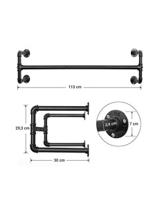 Σετ 2 ράγες ρούχων για τοίχο, Songmics, 110 x 30 x 29.3 cm, HSR64BK-02 Μαύρο - Img 4