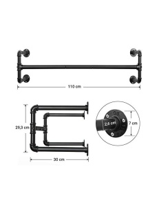 Σετ 2 ράγες ρούχων για τοίχο, Songmics, 110 x 30 x 29.3 cm, HSR64BK-02 Μαύρο - Img 4