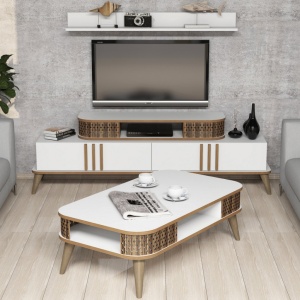 Σετ Comoda TV και τραπεζάκι σαλονιού σαλονιού Eylül Λευκό