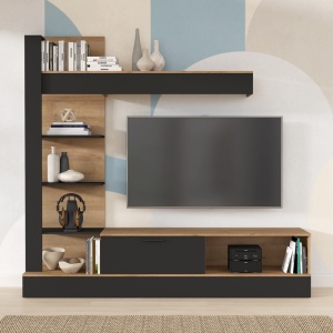 Σύνθεση TV Dranko, Μαύρο-Δρυς, Μελαμίνη, 205x41.5x192 cm - Img 2