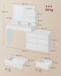 Masa de toaleta cu LED, Kailyn, Vasagle, Alb, 169.2x90x145.6 cm - Img 4
