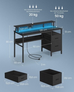 Γραφείο Vasagle Μαύρο, LED, 2 USB-A, 55 x 135 x 90 cm - Img 6