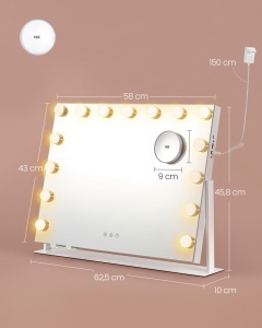 Καθρέφτης μπουντουάρ και μακιγιάζ V1 LED Songmics Λευκό 62.5x10x45.8 cm - Img 5