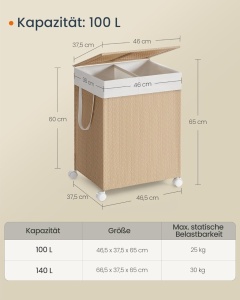Καλάθι απλύτων Songmics, Φυσικό, LCB601N01, 46.5 x 37.5 x 65 cm - Img 5