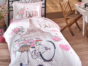 Κλινοσκεπάσματα si Κουβερλί Μονό, pentru copii, Paris Love Ροζ (Βαμβάκι 100%)