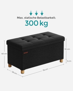 Οθωμανικό Παγκάκι Αποθήκευσης Songmics, Μαύρο, 76x38x40 cm - Img 5