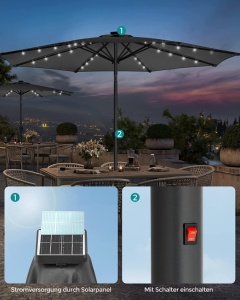 Ομπρέλα ηλίου, Songmics, 30 μοίρες, LED, UPF 50+, Γκρι - Img 3