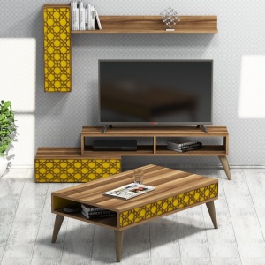 Σετ Comoda TV και τραπεζάκι σαλονιού σαλονιού Planet Walnut-Κίτρινο