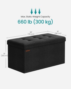Σκαμπό Μπαούλο Αποθήκευσης Μαύρο Songmics 76x38x38 cm - Img 3