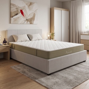 Set 2 piese Cadru de pat cu spatiu de depozitare si Saltea Norse-Nemesis, Ecru, 211x167x86 cm