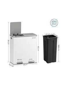 Διπλός κάδος ανακύκλωσης, Songmics, 2 x 30L, Λευκό, LTB60WT, 59 x 32 x 65 cm - Img 4
