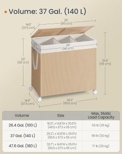 Καλάθι απλύτων Songmics, Φυσικό, LCB602N01, 66.5 x 37.5 x 65 cm - Img 2