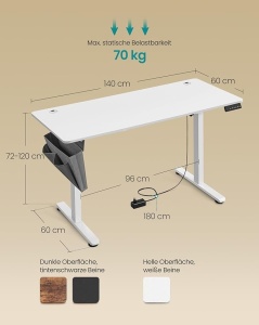 Ρυθμιζόμενο γραφείο Vasagle, Λευκό, LSD134W01V1, 60 x 140 x (72-120) cm - Img 3