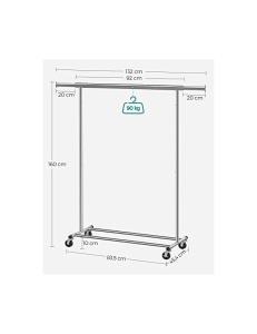 Σταντ ρούχων με ρόδες, Songmics, 90 kg, HSR13S, Silver - Img 6