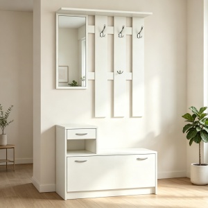 Ansamblu de hol Cuier si Oglinda Jentia, Alb, 24x100x186 cm