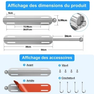 Bară Extensibilă pentru Dulap (32-54 cm) cu 4 Cârlige Reglabile, Crom Inoxidabil - Img 2