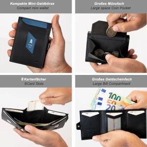 Portofel Inteligent Slim Marc Peter din piele naturală, protecție RFID, compartiment mare pentru monede și 8 fante de carduri, Negru - Img 4