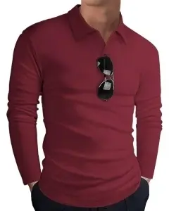 Tricou bărbați mânecă lungă decolteu în V bumbac casual – Roșu XL - Img 2