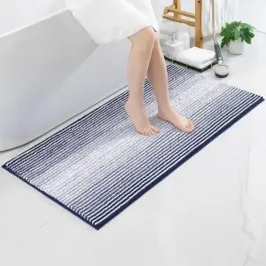 Covoraș de baie Premium din chenille ultra-absorbant, model în dungi gradient, suport antiderapant din cauciuc, lavabil, Albastru/Alb,60x120cm