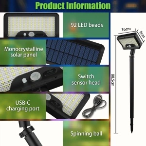 Lămpi solare de grădină Senzor de mișcare IP65 Reîncărcabile USB 6500K Alb rece – 4 buc - Img 4