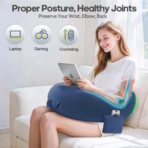 Pernă Ergonomică pentru Gaming și Citit, Suport de Brațe pe Genunchi, Design în Formă de U, Buzunar Lateral pentru Telefon, Albastru Denim - Img 2