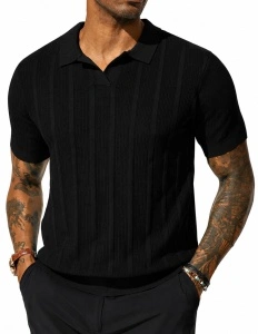 Tricou Polo Bărbați Mânecă Scurtă Texturat Tricotat Golf Casual – Negru Marimea 2XL