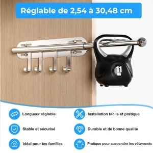 Bară Extensibilă pentru Dulap (32-54 cm) cu 4 Cârlige Reglabile, Crom Inoxidabil - Img 3