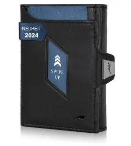Portofel Inteligent Slim Marc Peter din piele naturală, protecție RFID, compartiment mare pentru monede și 8 fante de carduri, Negru
