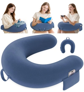 Pernă Ergonomică pentru Gaming și Citit, Suport de Brațe pe Genunchi, Design în Formă de U, Buzunar Lateral pentru Telefon, Albastru Denim