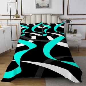 Set Cearșaf și Husă Pilotă 240x260, Imprimeu Geometric cu Dungi, pentru Copii și Tineret, Teal, Gri și Alb, 3 Piese - Img 2