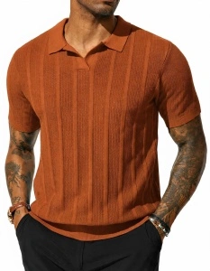Tricou Polo Bărbați Mânecă Scurtă Texturat Tricotat Golf Casual – Cafeniu Marimea S