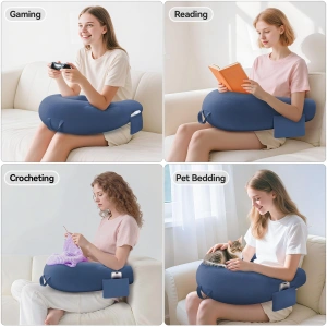 Pernă Ergonomică pentru Gaming și Citit, Suport de Brațe pe Genunchi, Design în Formă de U, Buzunar Lateral pentru Telefon, Albastru Denim - Img 3